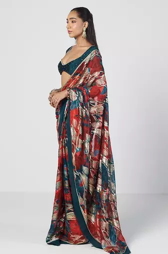 Tabasco red embroidered georgette jacquard and silk chanderi saree set