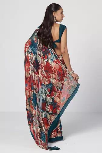 Tabasco red embroidered georgette jacquard and silk chanderi saree set