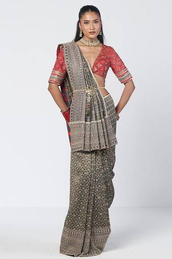 Teal blue and red embroidered crepe and silk brocade drape saree set