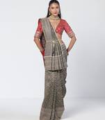 Teal blue and red embroidered crepe and silk brocade drape saree set