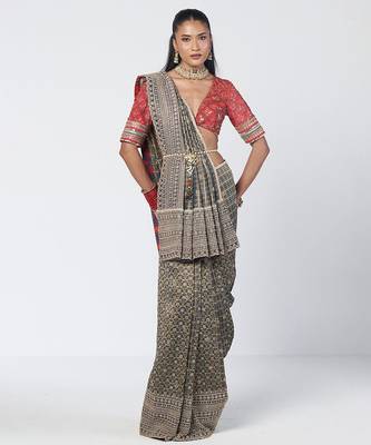 Teal blue and red embroidered crepe and silk brocade drape saree set 2