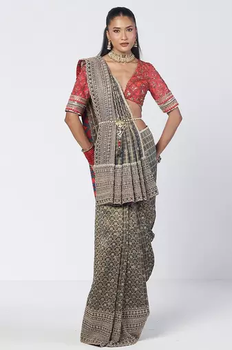 Teal blue and red embroidered crepe and silk brocade drape saree set