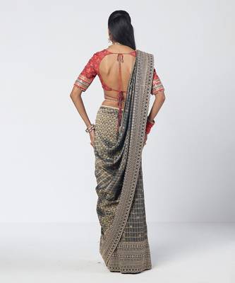 Teal blue and red embroidered crepe and silk brocade drape saree set 3