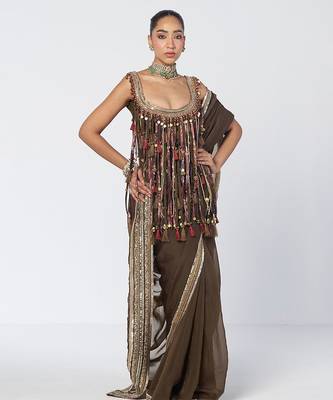 Olive brown embroidered crepe organza and dupion silk drape saree set 1