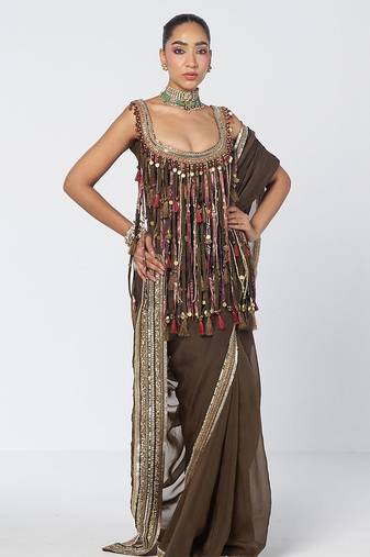 Olive brown embroidered crepe organza and dupion silk drape saree set