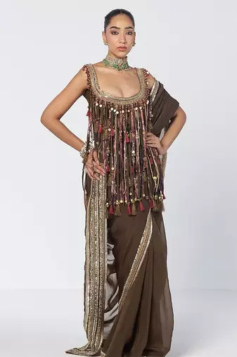 Olive brown embroidered crepe organza and dupion silk drape saree set