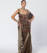 Olive brown embroidered crepe organza and dupion silk drape saree set