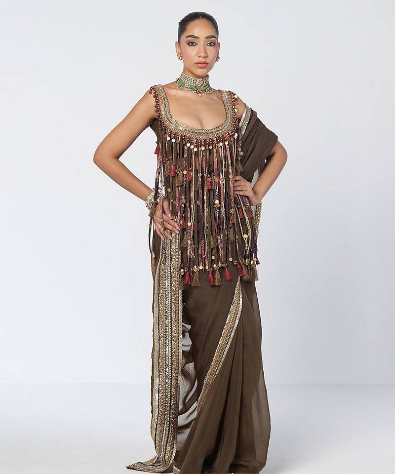 Olive brown embroidered crepe organza and dupion silk drape saree set