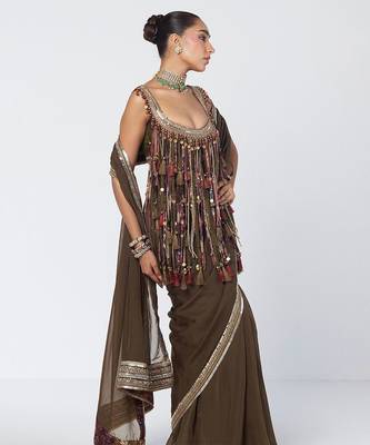 Olive brown embroidered crepe organza and dupion silk drape saree set 2