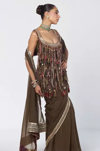 Olive brown embroidered crepe organza and dupion silk drape saree set