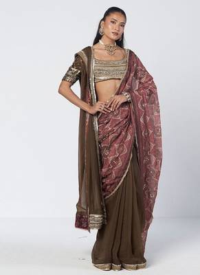Olive brown and maroon embroidered dupion silk organza drape saree set 1