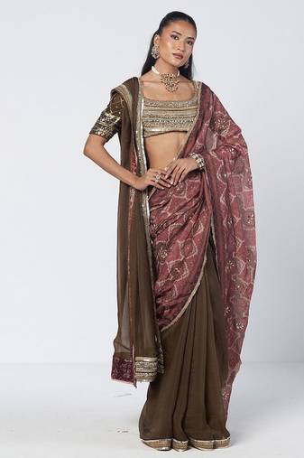 Olive brown and maroon embroidered dupion silk organza drape saree set