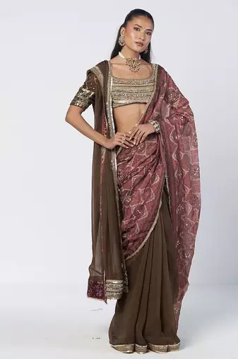 Olive brown and maroon embroidered dupion silk organza drape saree set