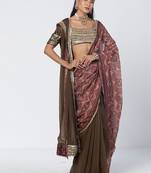 Olive brown and maroon embroidered dupion silk organza drape saree set