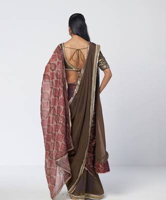 Olive brown and maroon embroidered dupion silk organza drape saree set 2