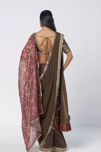 Olive brown and maroon embroidered dupion silk organza drape saree set