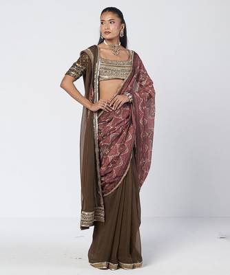 Olive brown and maroon embroidered dupion silk organza drape saree set 3