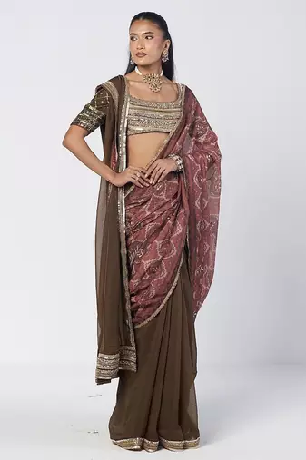 Olive brown and maroon embroidered dupion silk organza drape saree set
