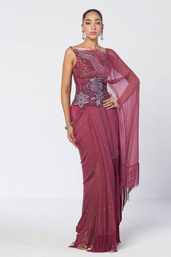 Magenta embroidered organza and chiffon corset drape saree set