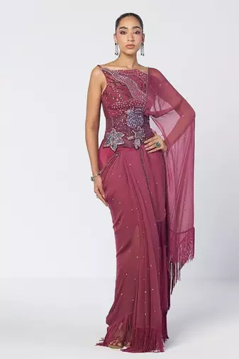 Magenta embroidered organza and chiffon corset drape saree set