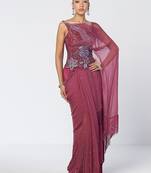 Magenta embroidered organza and chiffon corset drape saree set