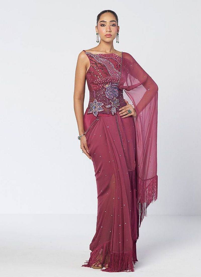 Magenta embroidered organza and chiffon corset drape saree set