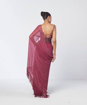 Magenta embroidered organza and chiffon corset drape saree set 2