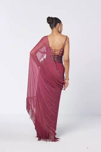 Magenta embroidered organza and chiffon corset drape saree set