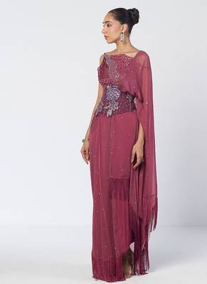 Magenta embroidered organza and chiffon corset drape saree set 3