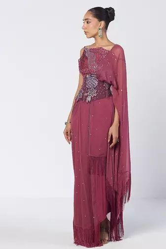 Magenta embroidered organza and chiffon corset drape saree set