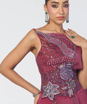 Magenta embroidered organza and chiffon corset drape saree set 4
