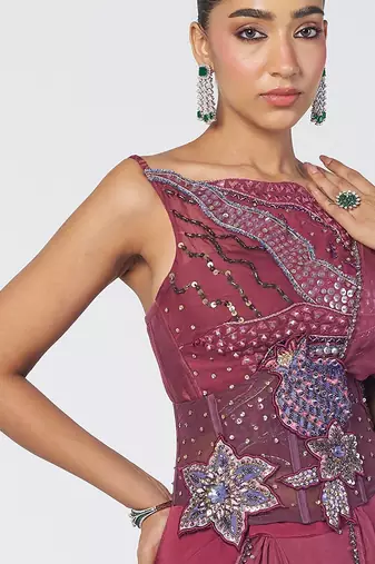 Magenta embroidered organza and chiffon corset drape saree set