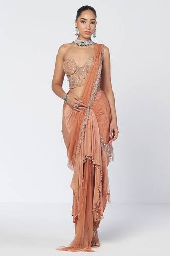 Biscoff peach embroidered crepe net drape saree set