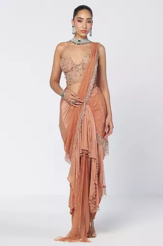 Biscoff peach embroidered crepe net drape saree set