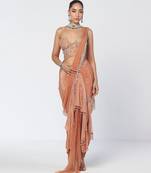 Biscoff peach embroidered crepe net drape saree set