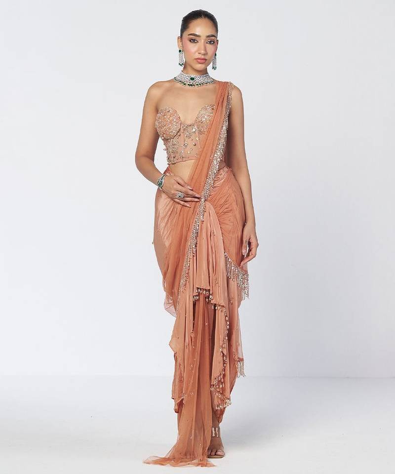 Biscoff peach embroidered crepe net drape saree set