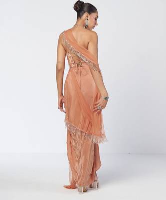Biscoff peach embroidered crepe net drape saree set 2