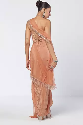 Biscoff peach embroidered crepe net drape saree set