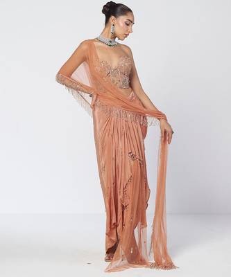 Biscoff peach embroidered crepe net drape saree set 3