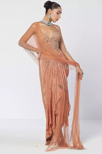Biscoff peach embroidered crepe net drape saree set