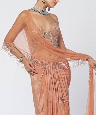 Biscoff peach embroidered crepe net drape saree set 4