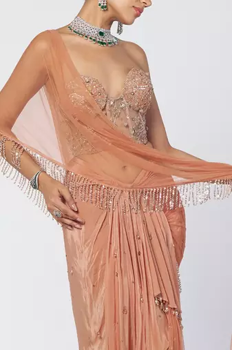 Biscoff peach embroidered crepe net drape saree set