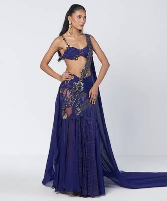 Blue embroidered organza and net drape saree set 1