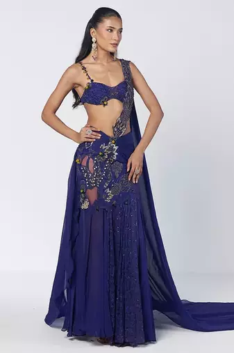 Blue embroidered organza and net drape saree set