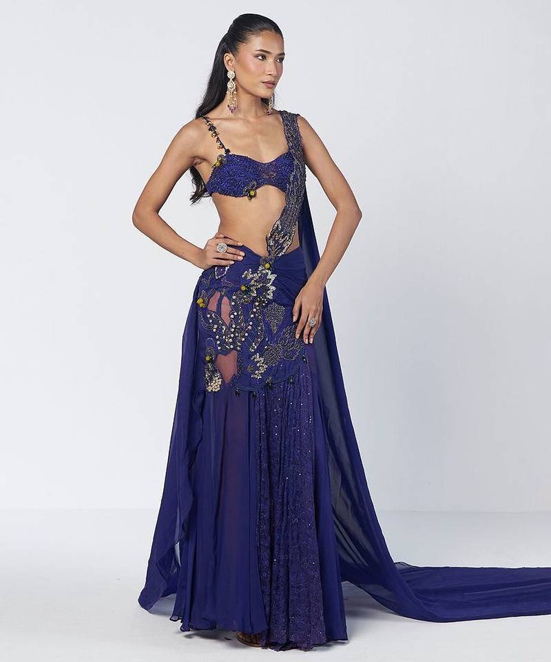 Blue embroidered organza and net drape saree set