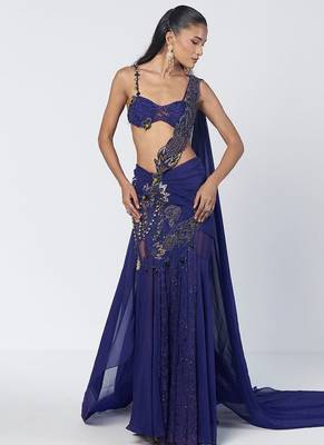 Blue embroidered organza and net drape saree set 2