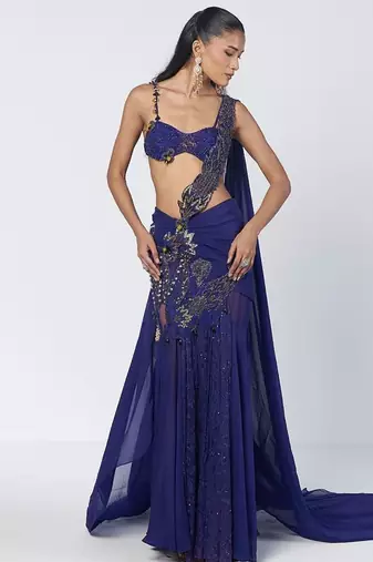 Blue embroidered organza and net drape saree set