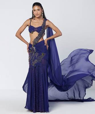 Blue embroidered organza and net drape saree set 3