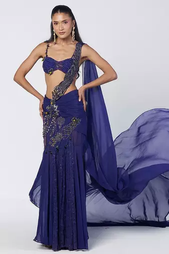 Blue embroidered organza and net drape saree set
