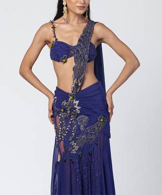 Blue embroidered organza and net drape saree set 4